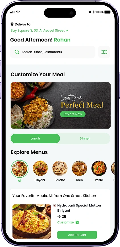 EatIn mobile app homepage showing food categories