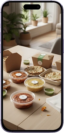 EatIn mobile app homepage showing packed food 